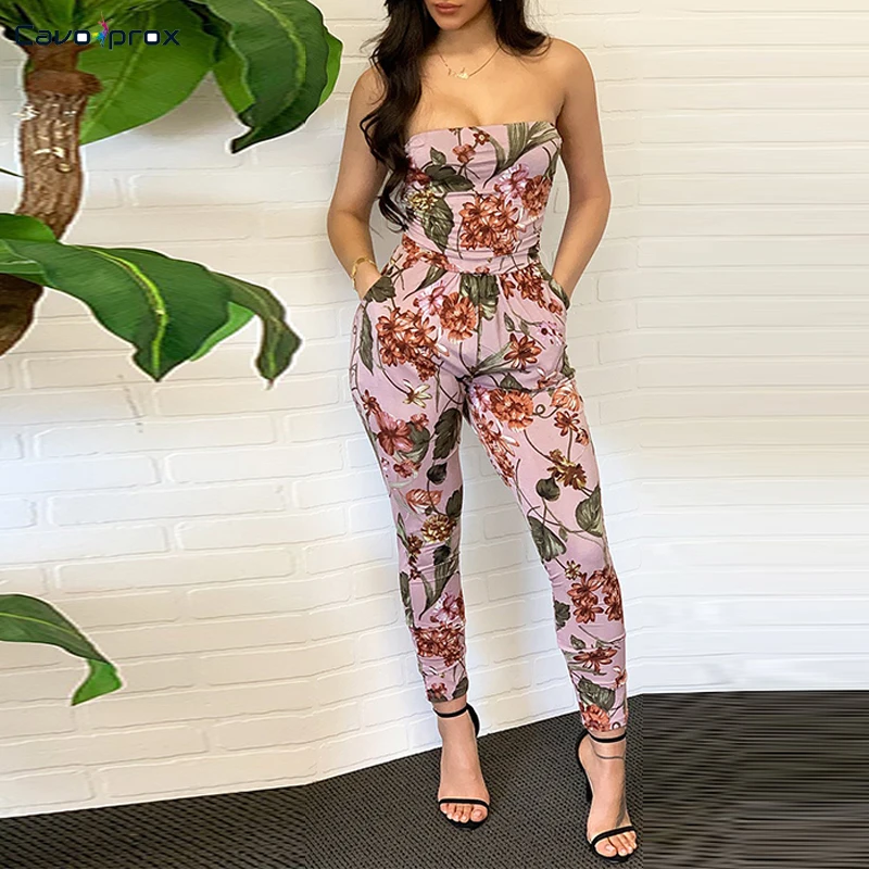 Женский цветочный принт без бретелек Облегающий комбинезон Повседневный Без