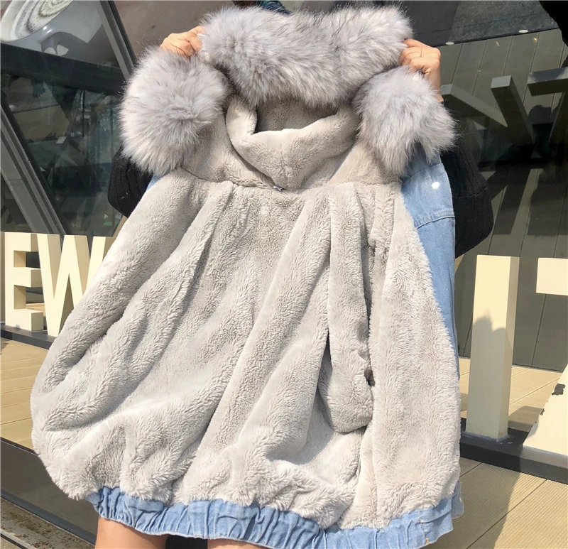 Новинка 2019 зимняя джинсовая куртка короткое пальто большой меховой воротник из