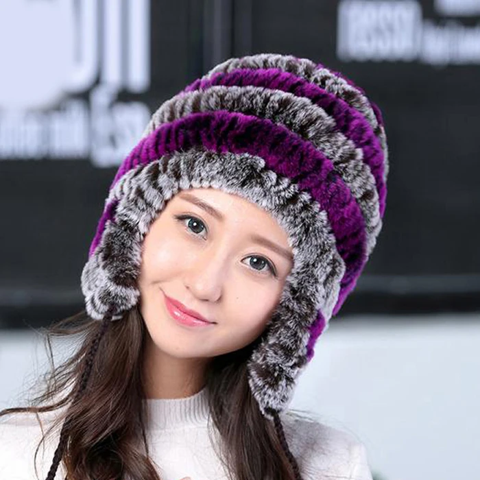 Lady Real Fur Earflap Hats Women Natural Rex Rabbit Fur Beanies Cap Russian Winter Warm Genuine Fur Hat Wholesale - Цвет: purple coffee