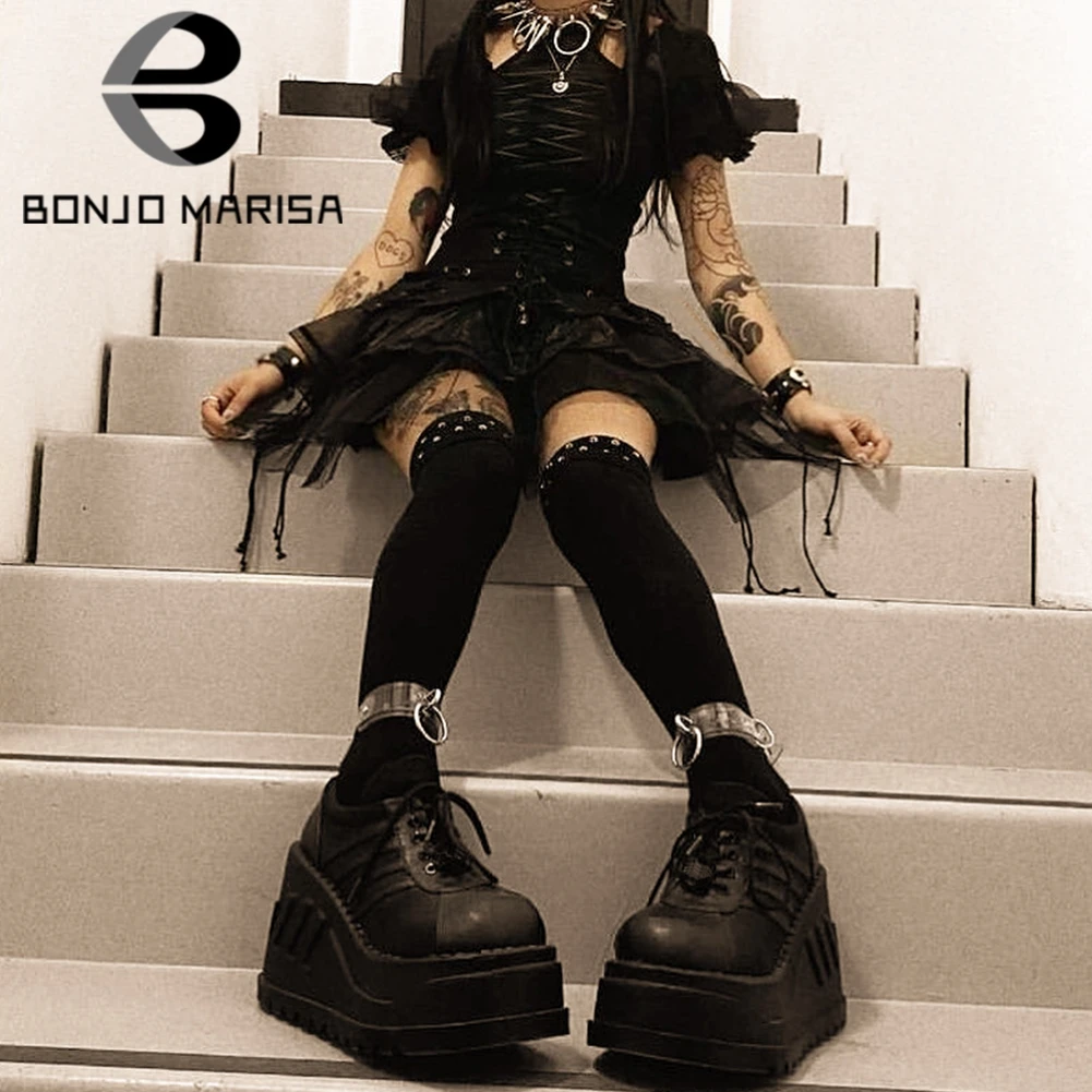 

BONJOMARISA Brand Platform Wedges Lace Up Punk Gothic women's Sneakers Solid Black Punk Street Cool Round Toe Design Shoes Woman