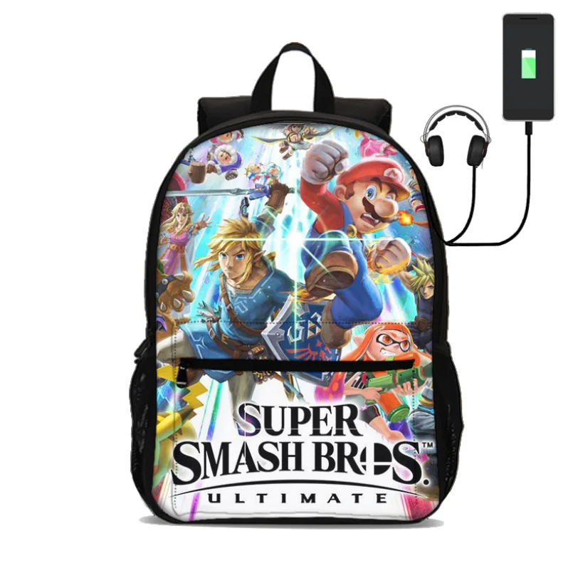 Рюкзак Super Smash Bros USB для зарядки наушников женский рюкзак сумки ноутбука