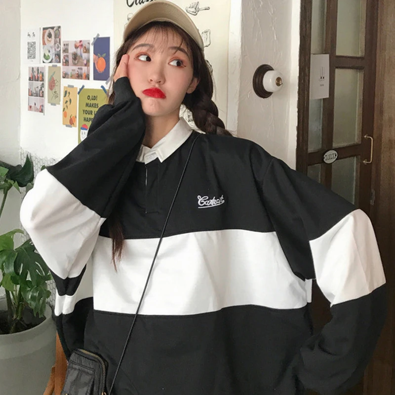 

Vintage Sweatshirt Women White Collar Hoodies Winter Fashion Preppy Style Pullover Kpop Letters Long Sleeve Sweatshirts