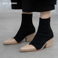 high quality patchwork genuine leather ankle boots suede sexy pointed toe female shoes woman footwear 2019 new springautumn
