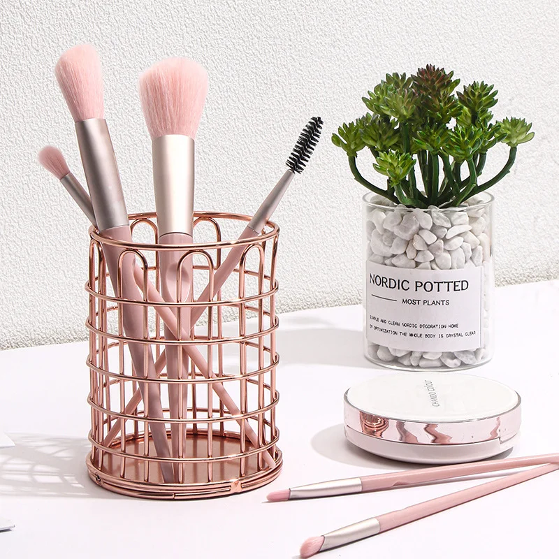 

Cosmetics Makeup Brushes Storage Box Golden Rose Gold Desk Stationery Decor Pen Pencil Pot Holder Container Organizer