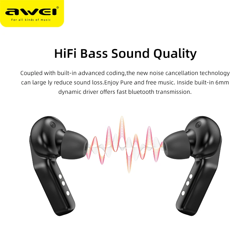 AWEI TWS Bluetooth V5.0 настоящие беспроводные наушники для зарядки с двойным микрофоном шумоподавление HiFi 6D бас игровая гарнитура сенсорное управление Качественные Наушники с микрофоном звук чистый и басс