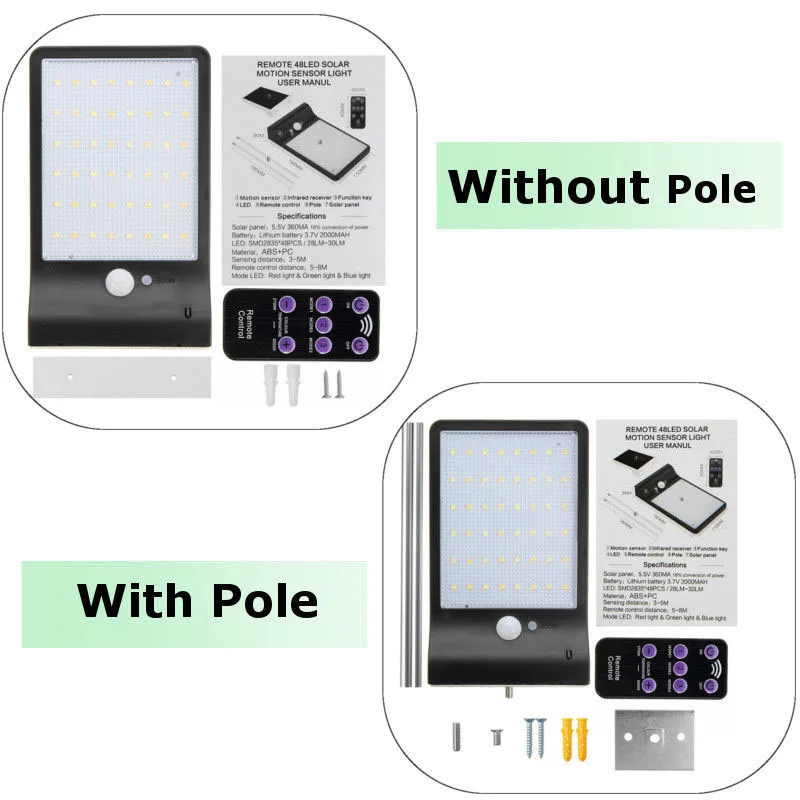 

Hot 48 LEDs Solar Power Light PIR Motion Sensor Garden Yard Wall Outdoor Street Lamp with Remote Control BJStore