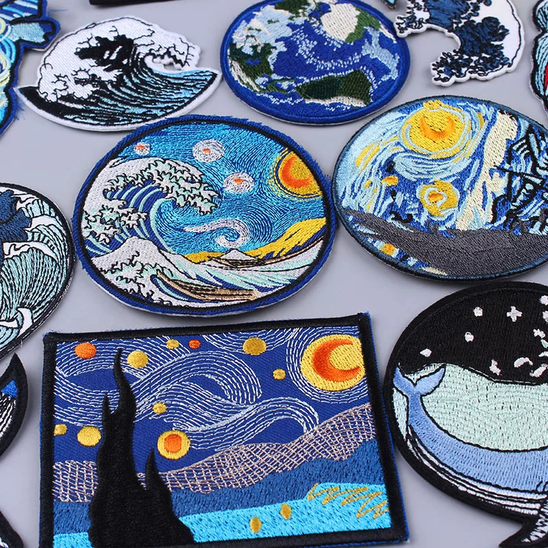 Pulaqi Wave Applique Adventure Badges Iron On Patches For Clothing Van Gogh Embroidered Natural Clothes | Дом и сад