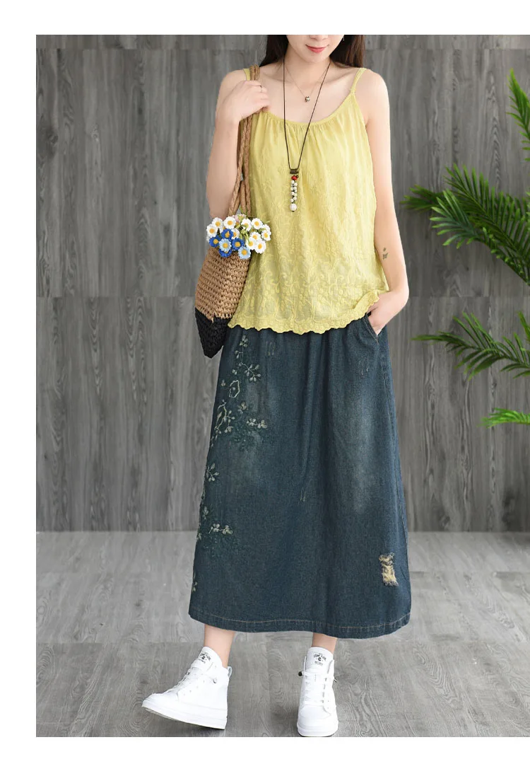 

Vintage Denim Skirt Women Cotton Floral Embroidery Drawstring long skirts Casual Harajuku A Line Mori Girl high waist skirt