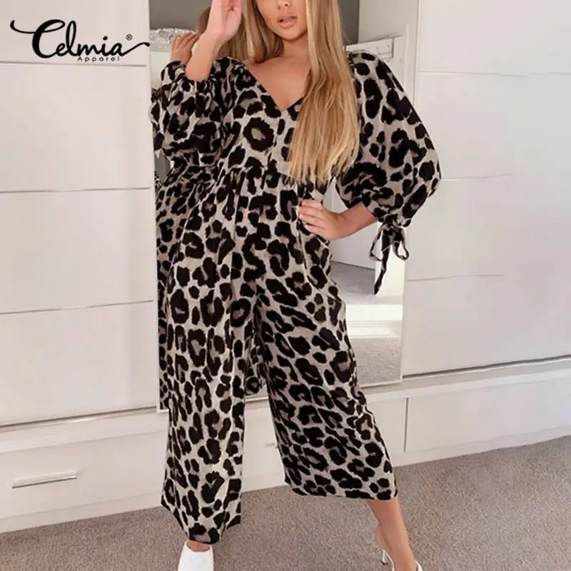 

Celmia женские сексуальные комбинезоны с леопардовым принтом 2021 модные с высокой талией с длинным рукавом и V-образным вырезом вечерние комбин...