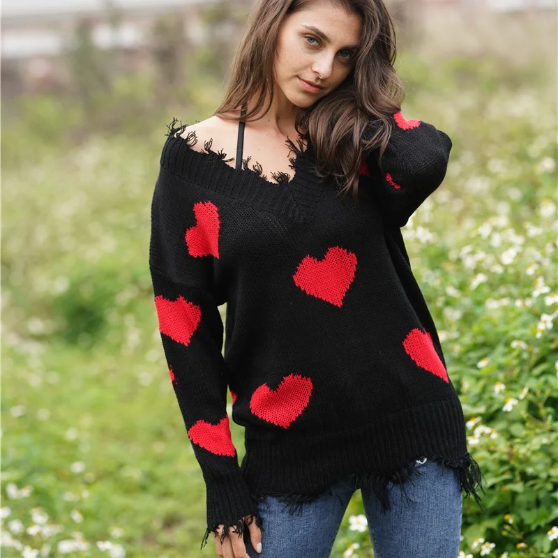 Женский свитер с v-образным вырезом и длинным рукавом сердечком дышащий топ на