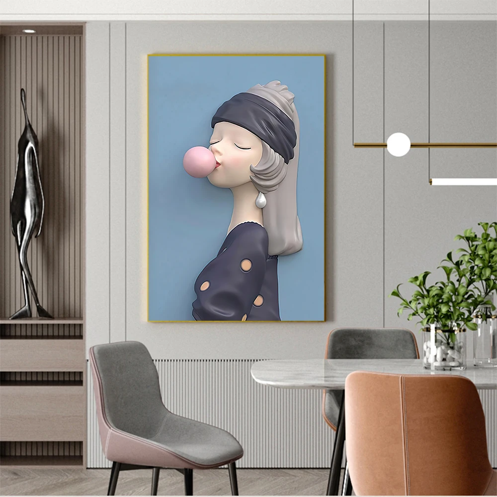 

Wall Art Painting Canvas Printmaking Character Picture Bubble Girl Home Decor Poster Nordic Simple Living Room Frameless