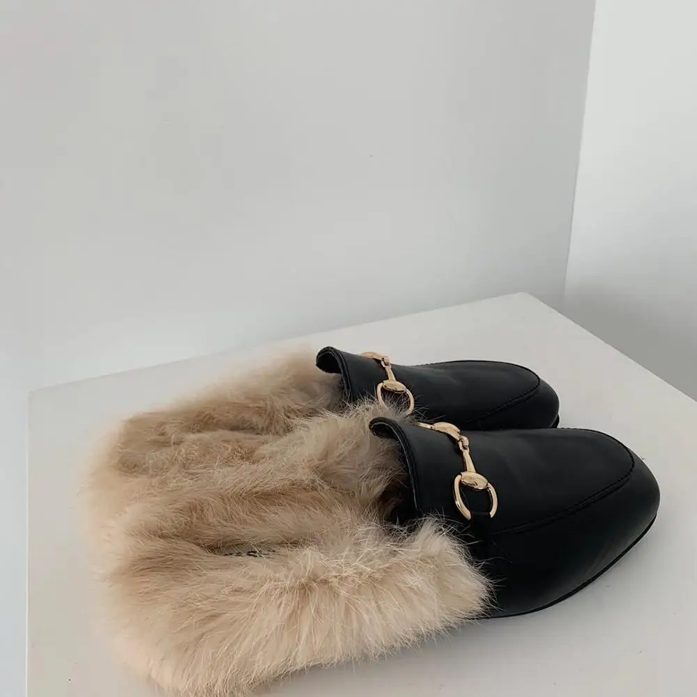 Женские меховые мюли без застежки на низком каблуке с квадратным носком теплая