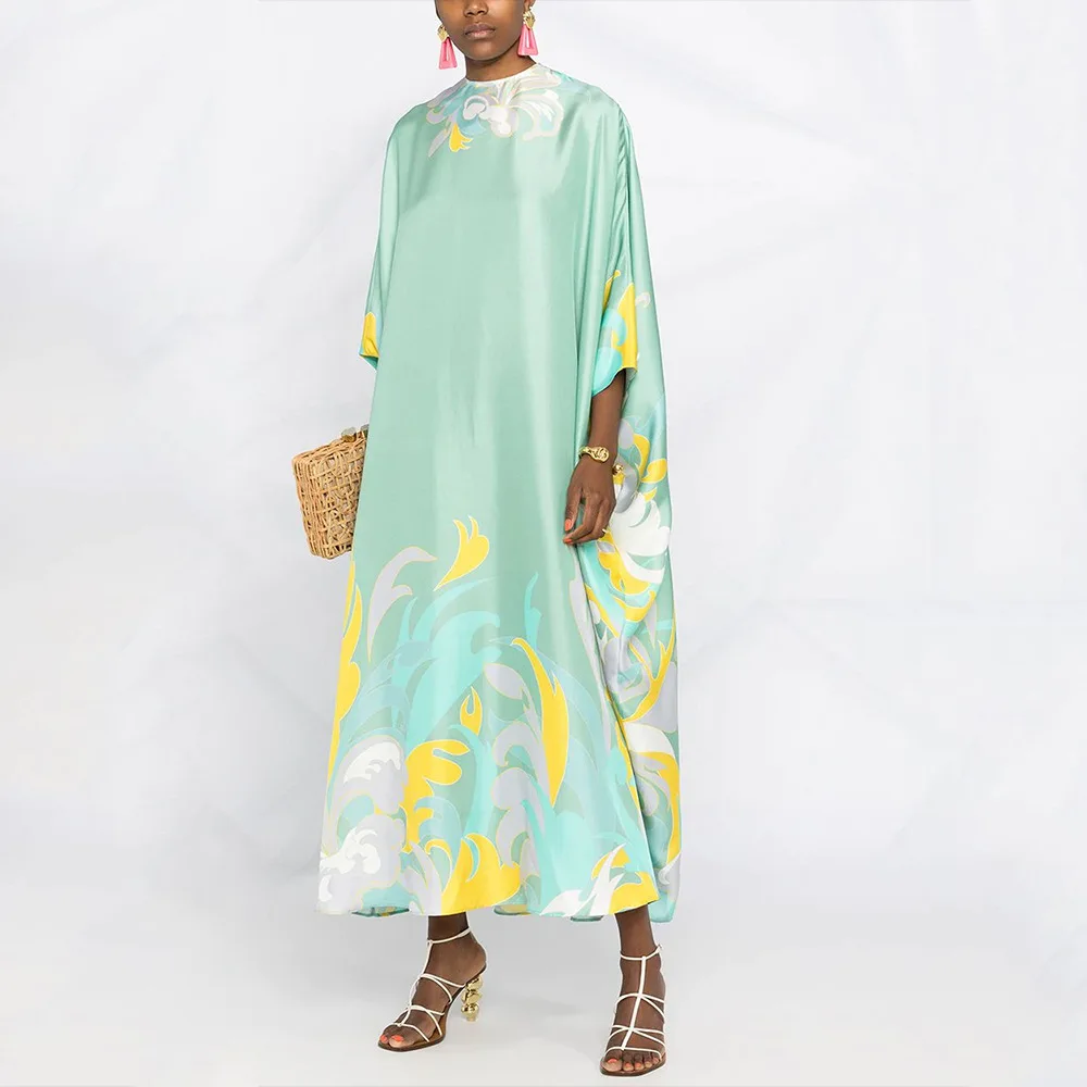 

Green Print Beach Holiday Women Long Dress Dashiki African Dress Muslim Robe Arabic Ramadan Loose Gowns 2021 New Summer Clothes