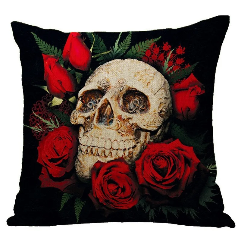 Наволочка в скандинавском стиле с изображением черепа красной розы |