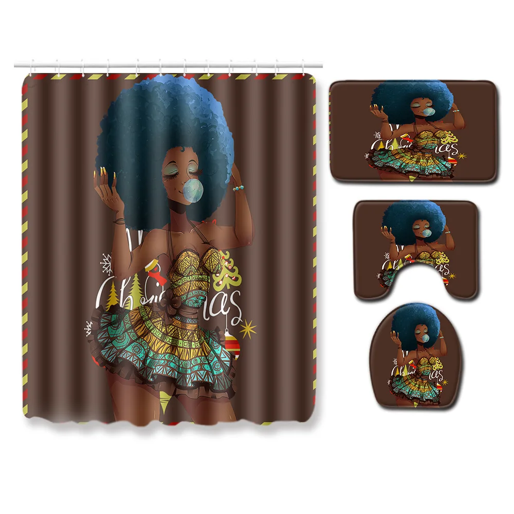 

Zeegle African Shower Curtain 4pcs Bath Mat Set Soft Toilet Cover Seat Mat Absorbent Bathroom Shower Carpet Anti Slip Toilet Rug