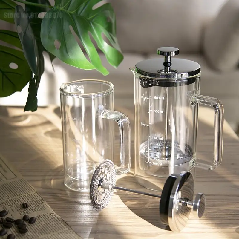 Olla de prensa francesa resistente al calor de doble capa, filtro de prensa de vidrio de alto borosilicato con cafetera graduada, 600Ml-1