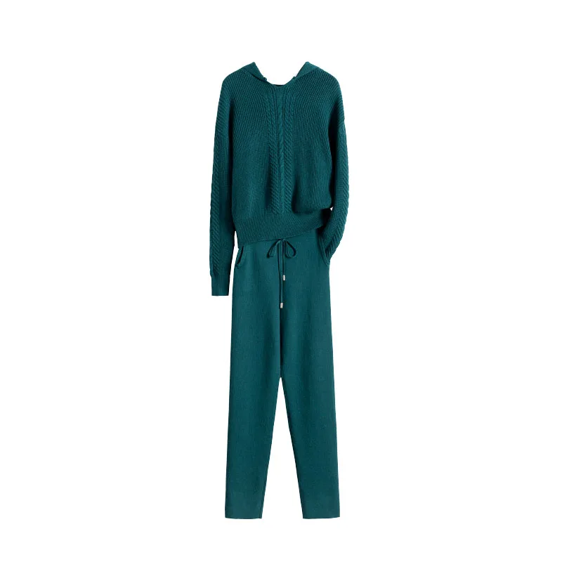 30% Wool + 45% Cashmere warm Knit Suits hooded cashmere woolen Sweater + Mink Cashmere Trousers Brilliant Two-pieces sets F410