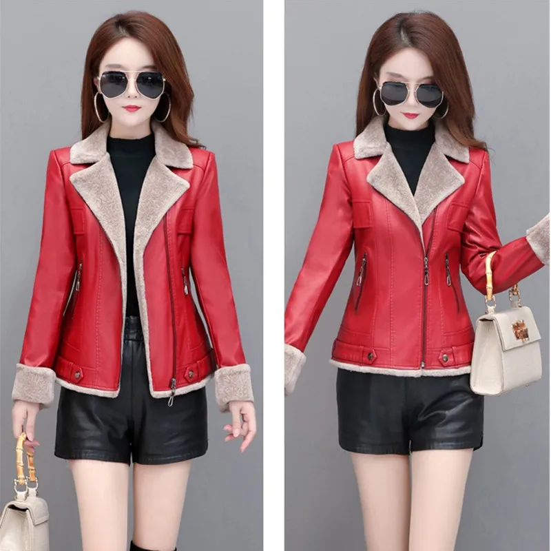 UHYTGF модная кожаная куртка для женщин Роскошные черные меховые плюс бархатные