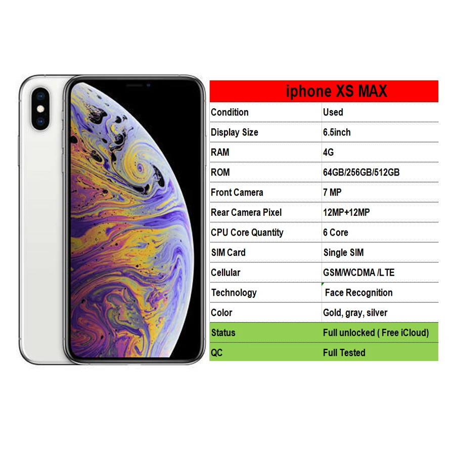 

Used Tested Good Original Apple iPhone XS Max Mobile Phones 64GB/256GB 6.5inch Full Screen Smartphone12MP Rear Camera CellPhones