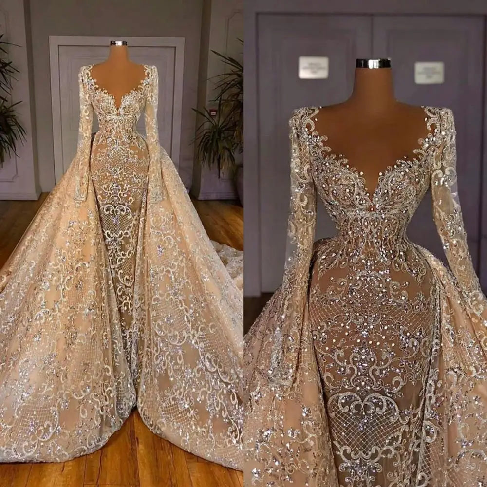 Kopen 2021 Champagne Kant Trouwjurken Met Afneembare Trein Lange Mouwen Kralen Bruidsjurken Custom Made Robes De Mariee