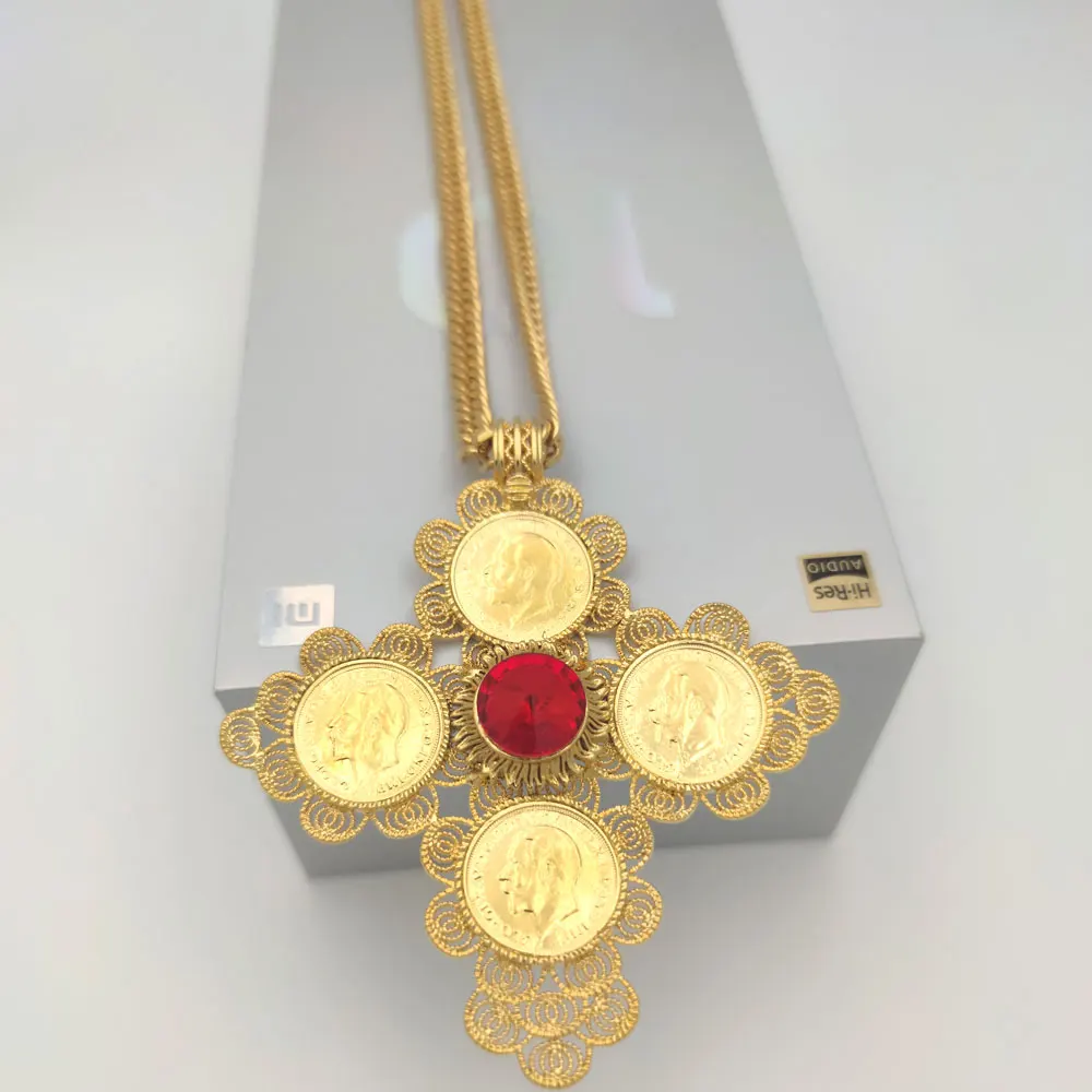 

Big Coin Cross Pendants NECKLACE 22K GOLD 18ct THAI BAHT G/F CUBAN DOUBLE CURB CHAIN SOLID HEAVY Jewelry RED CZ