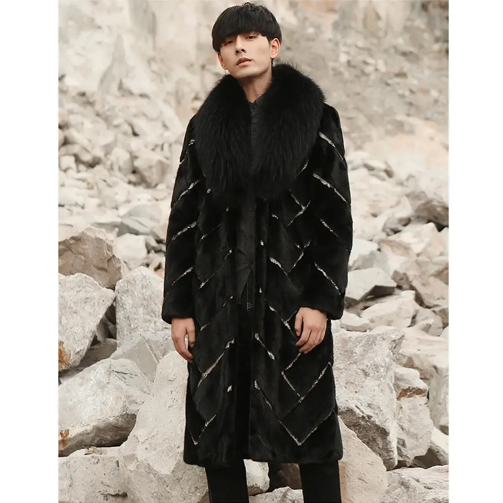 

2019 New Imported Mens Black Mink Fur Coat Python Skin Fur Jacket Long Mens Winter Coats Trench Coat