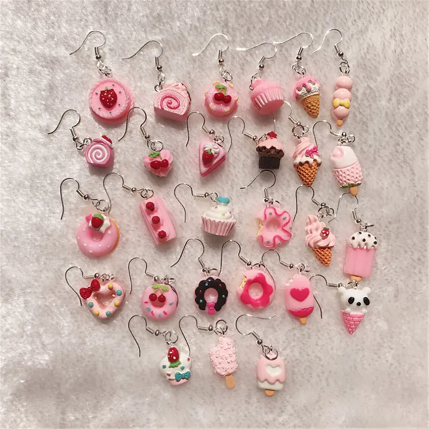 1Pair Drop Earrings Cute Donuts and Cake Cartoon Food pink color Handmade Flatback ResinEarrings Jewelry  For Woman And Children