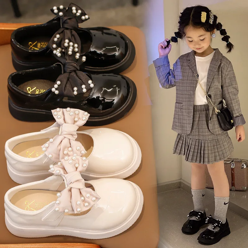 

Girls Single Shoes 2021 New Pearl Princess Shoes Kids Leather Shoes Soft Sole Black Performance Shoes Bow-knot Sweet for Wedding