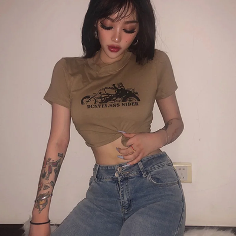 

Уличный европейский и американский пикантный укороченный топ с принтом автомобиля футболка с коротким рукавом Топ оверсайз женская одежда...