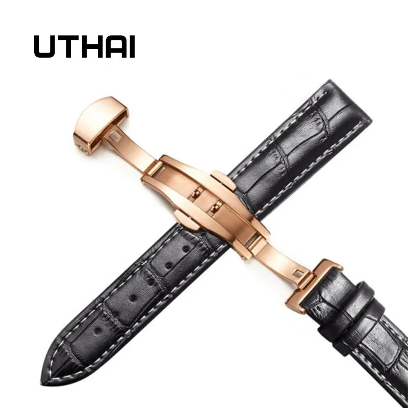 Rosegold-black-white UTHAI Z09 плюс Натуральная кожа Ремешки для наручных часов 12-24 мм Универсальные часы Бабочка Пряжка группа сталь Пряжка ремешок наручный ремень браслет - Цвет ремешка: Rosegold-black-white