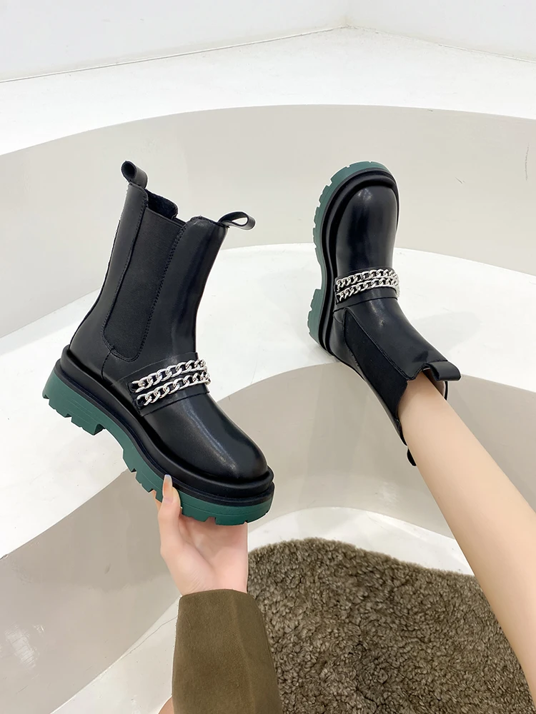 

Женские сапоги Челси на платформе, однотонные базовые сапоги на шнуровке, с круглым носком, на плоской подошве, в Стиле Лолита, для осени, 2021