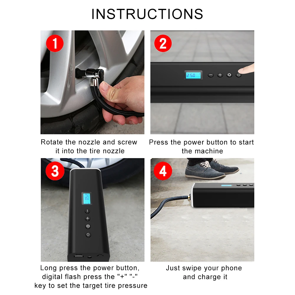 

150PSI Air Pump Portable Electric Air Compressor Tire Inflator Smart Car Rechargeable Tire Pump 50W USB Cordless Emergency Light