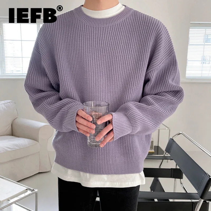

Осенне-зимняя мужская одежда IEFB, модные шикарные однотонные вязаные пуловеры, мужской новый свободный утепленный свитер с круглым вырезом