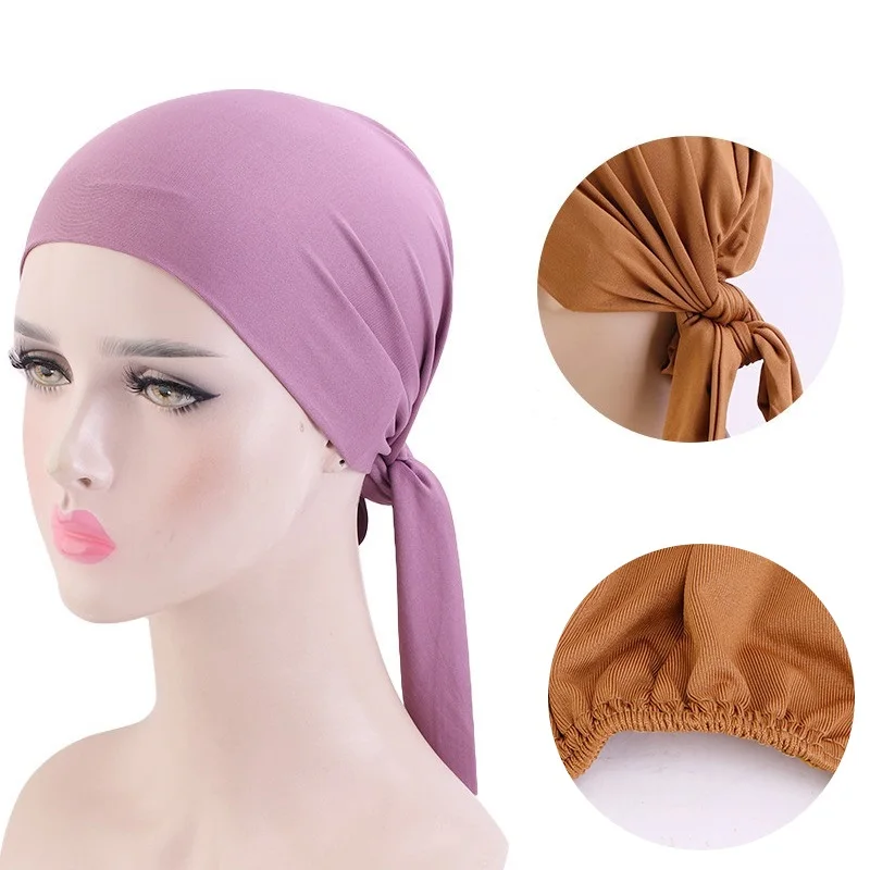 

Muslim Women Stretch Solid Stretch Pre-Tied Turban Bandanas Cancer Chemo Beanies Caps Headwear Headwrap Plated Hair Accessories