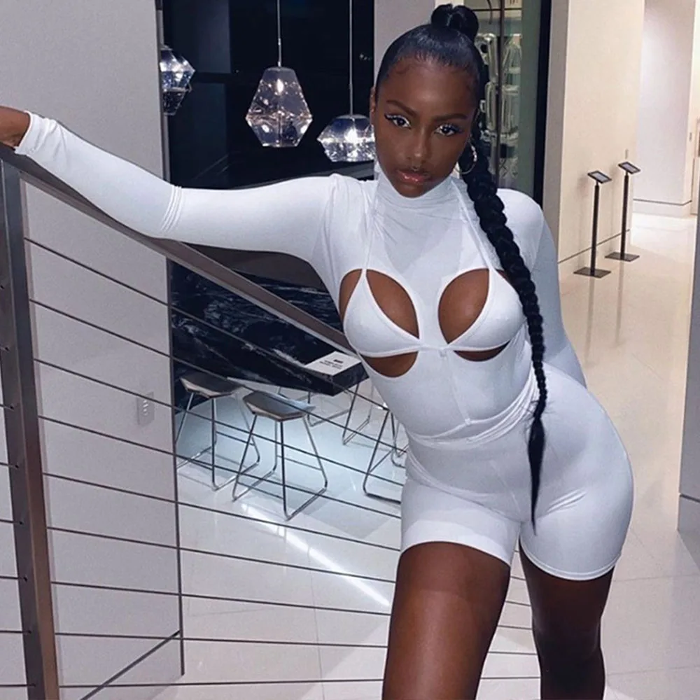 Осенний белый комбинезон с длинным рукавом женские шорты сексуальный вырезами
