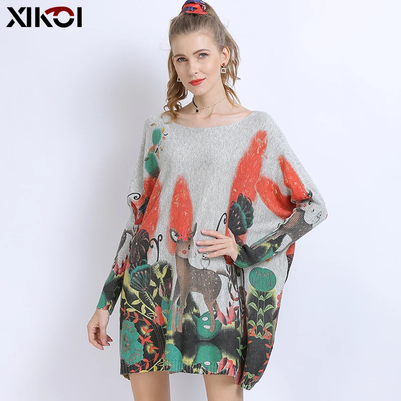 XIKOI Winter Oversized Sweaters For Women Warm Long Pullover Dresses Fashion Cute Deer Print Jumper Knitted Pull Femme | Женская одежда