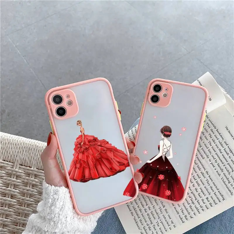 

Fashion cartoon red dress girl Phone Case Matte Transparent for iPhone 7 8 11 12 s mini pro X XS XR MAX Plus cover funda