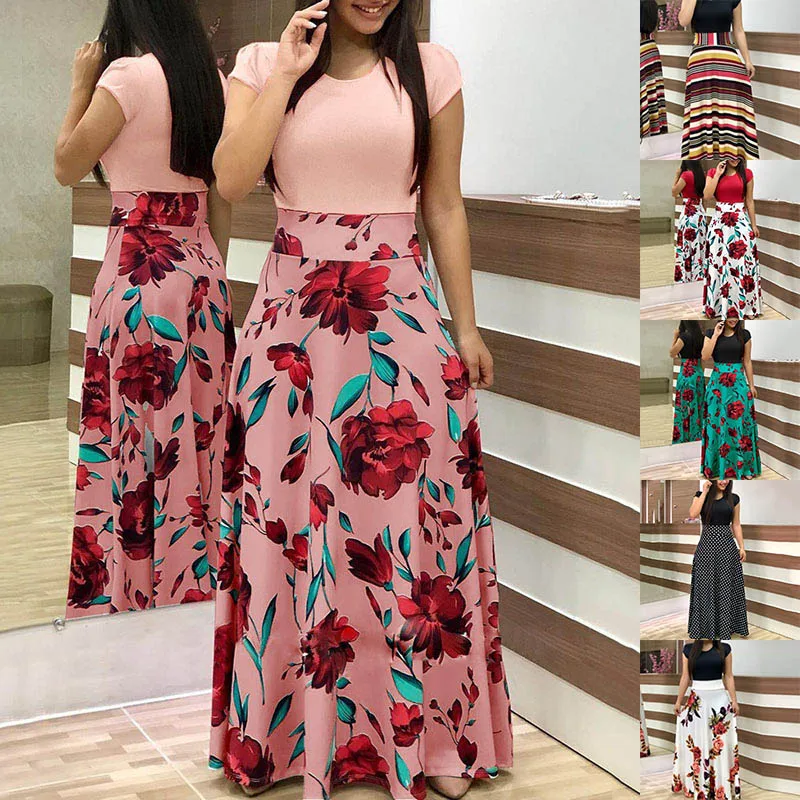 Женская футболка с коротким рукавом Круглый воротник принт длинное платье для