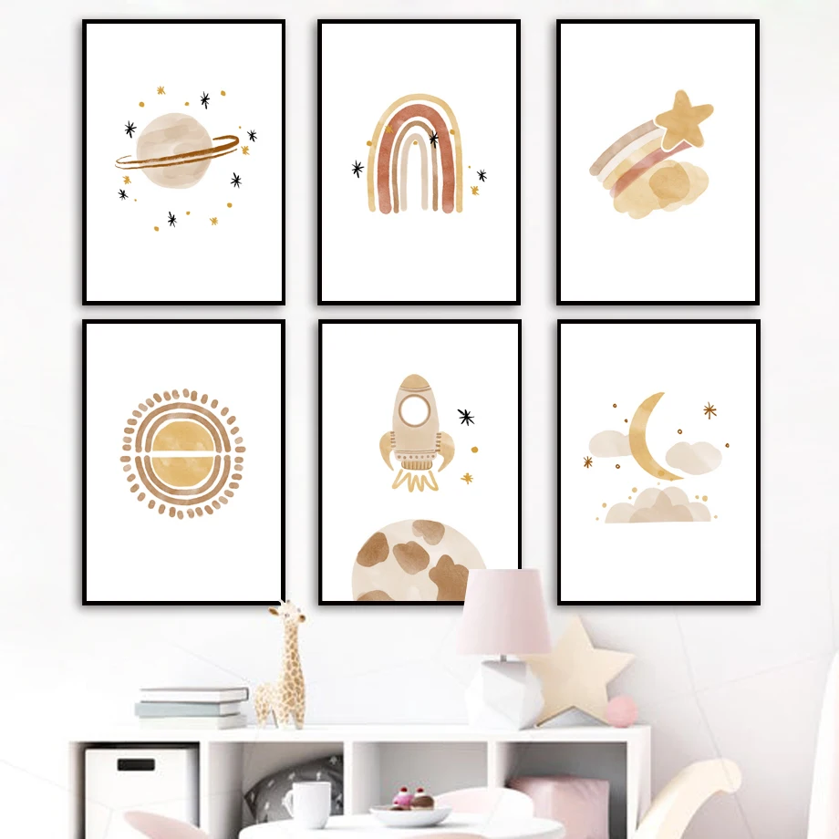

Space Moon Star Rainbow Earthy Tone Planet Nordic Posters And Prints Wall Art Canvas Painting Wall Pictures Baby Kids Room Decor