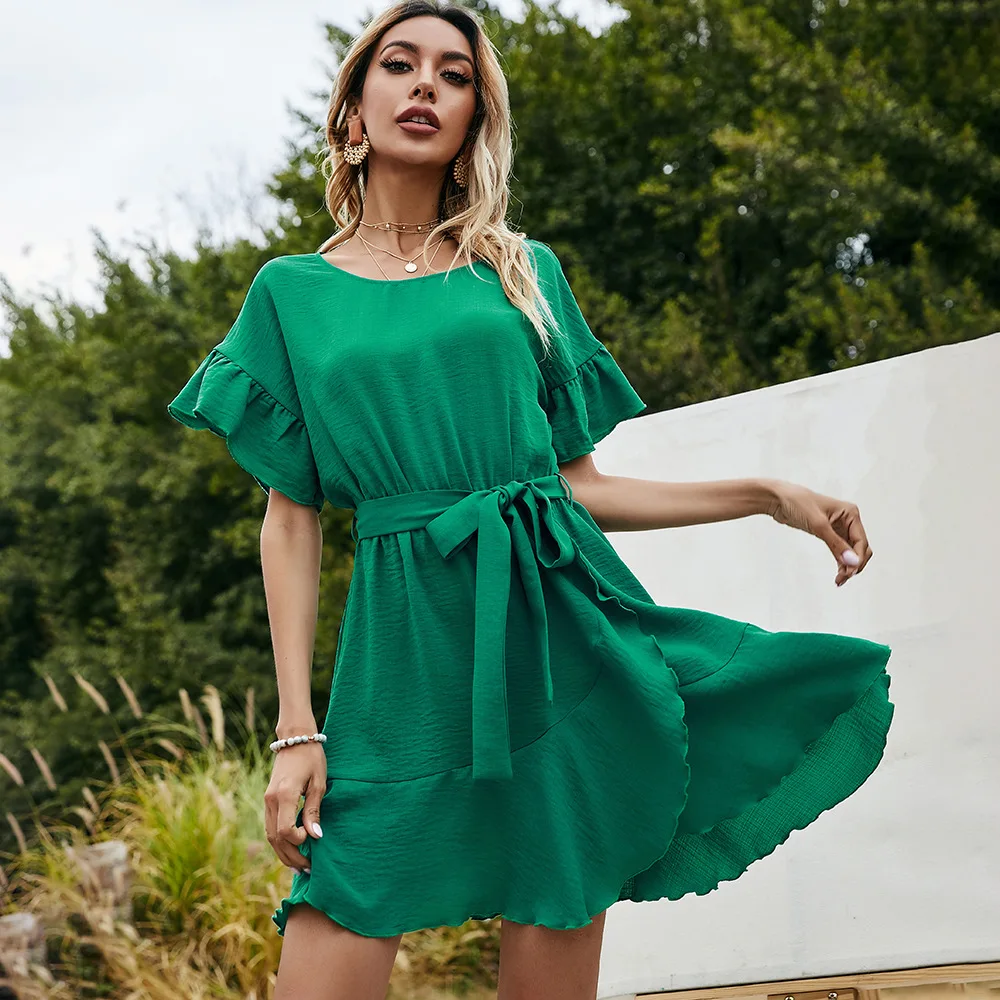 

Women Summer O Neck Chiffon Solid Dress Self-tie Knot Front Ruffles Dress Female Sexy Short A Line Party Vestidos