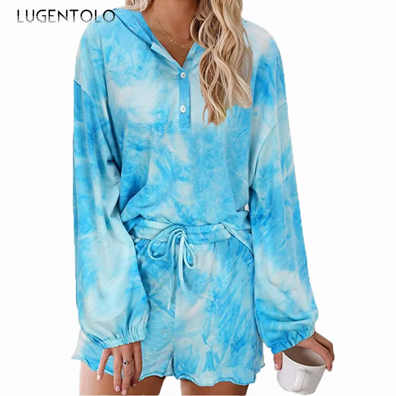 

Women Sleep Pajama Sets Tie-Dye Hooded New Comfortable Breathable Long Sleeve Casual Tops Shorts Female Loose Sets Lugentolo