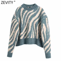 zevity women vintage animal striped print jacquard knitting sweater female chic patchwork casual pullover basic brand tops sw920