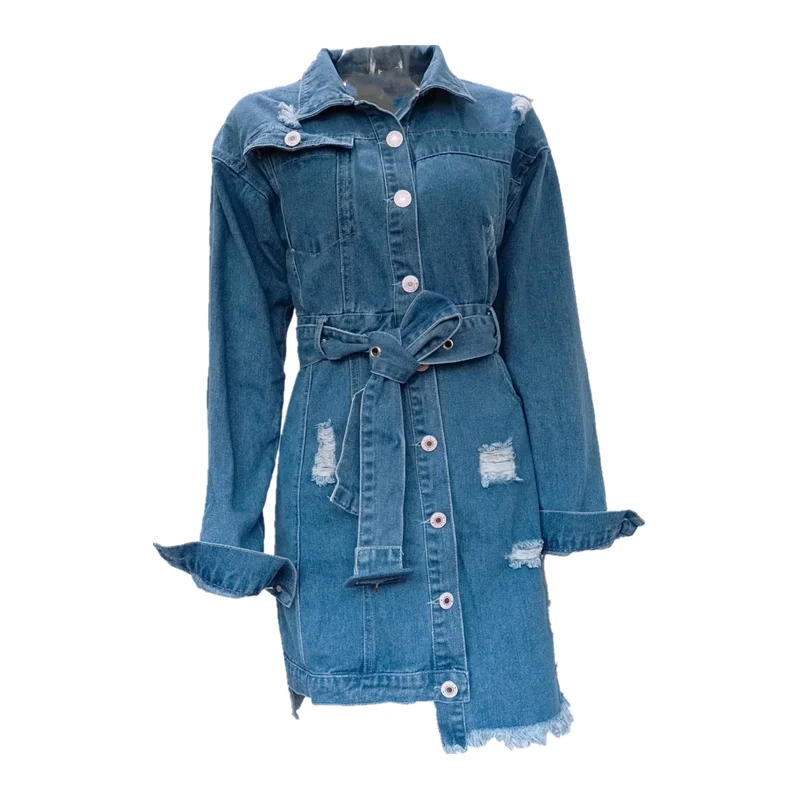 

Women Casual blue Spring Denim Dress High Street TurnDown Collar Long sleeve Single pocket Dress 2021 Fashion Vintage Belt Dress