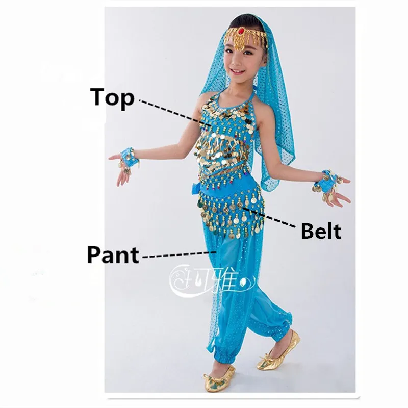 Light Blue 3PCS Детский костюм для танца живота, карнавал, Египетский костюм с поясом, детская одежда для индийского танца, одежда для девочек, комплект одежды для танца живота для выступлений в Болливуде - Цвет: Light Blue 3PCS