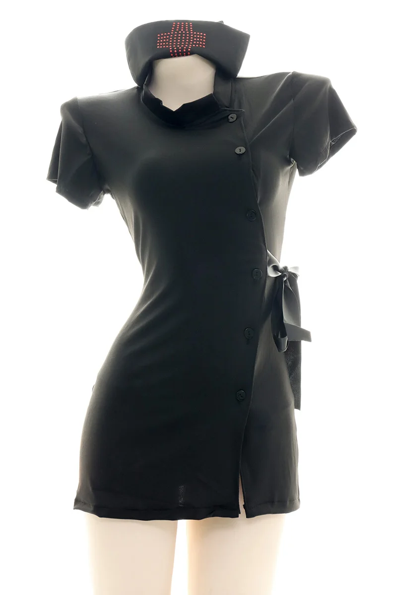 

Women Sexy Black Nurse Cosplay Uniform Dress Chiffon Pajamas Young Girl Bandage Vintag Homewear Sleepwear