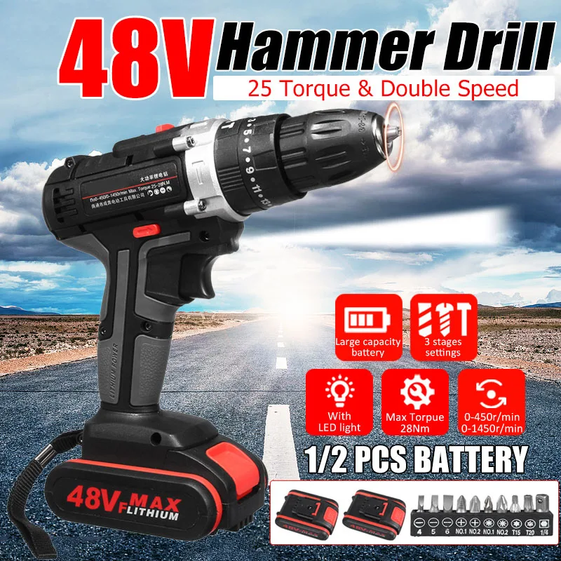 

48V Electric Hammer Drill Cordless Drill Woodworking Tool Rechargeable Woodworking Drills KSI999