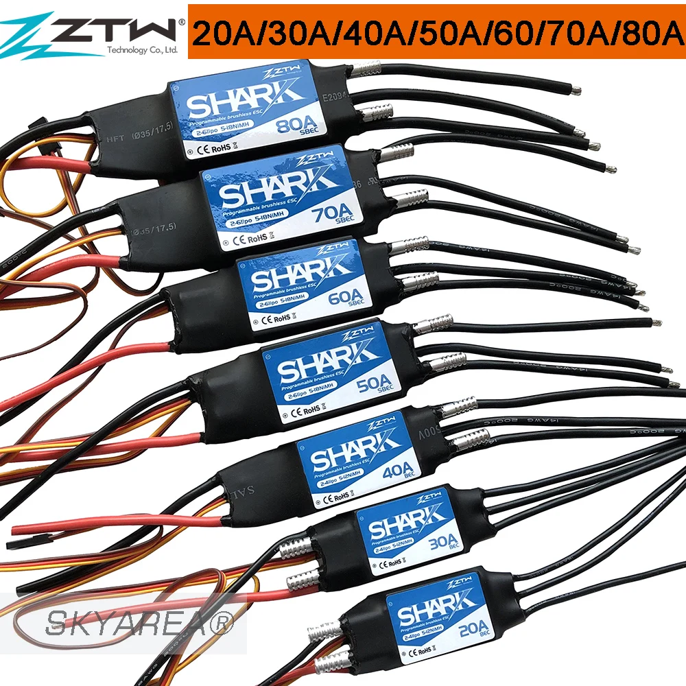 ZTW Shark 20A 30A 40A 50A 60A 70A 80A BEC водонепроницаемый бесщеточный ESC для лодки с водяным