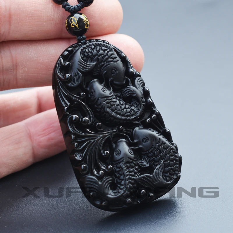 

Drop Shipppping Women Necklace Pendant Black Obsidian Carved 3 Fish Gift for Women Fine Jades Jewelry Free Chain
