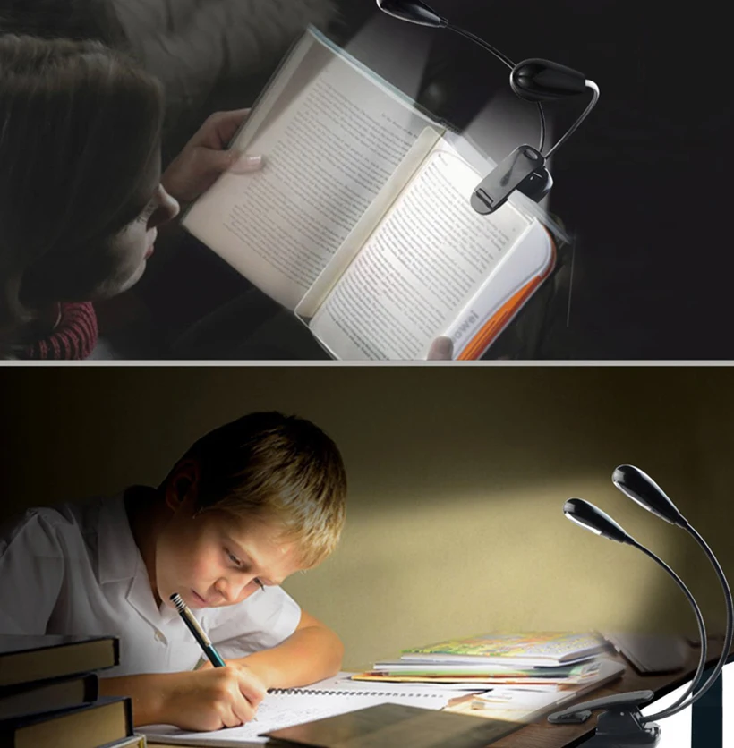 

Chiclits 8leds Book Light Reading Table Lamp Dual Flexible Double Goosenecks Clip-on Arm Desk Light indoor Lighting USB Led Lamp