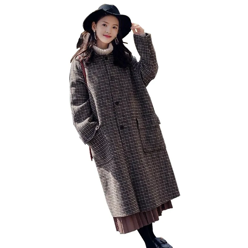 

2020 High Quality Woolen Coat Women Longer Lapel Single-breasted Fashion Plaid Trench Coat Autumn Winter Wild Elegant Coat A919